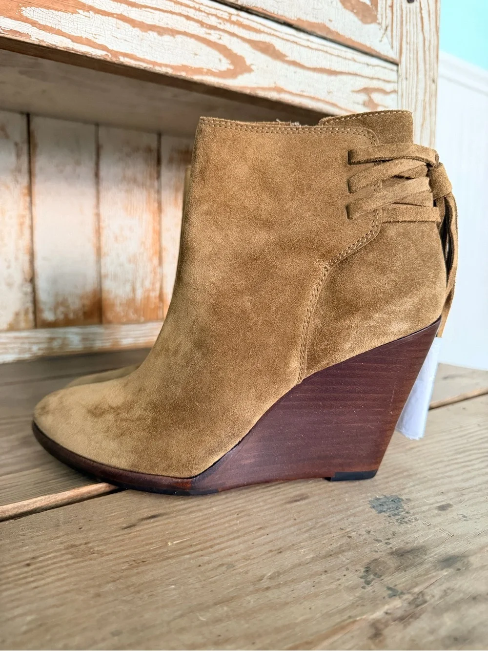 Frye Cece Tassel Suede Wedge Ankle Boots in Cognac Size 7.5